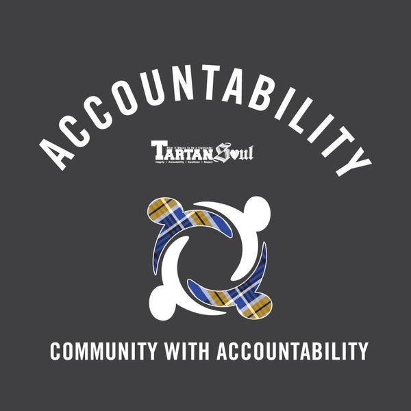 Illustrated graphic showing a group of people forming a circle. UCR is a community with Accountability.