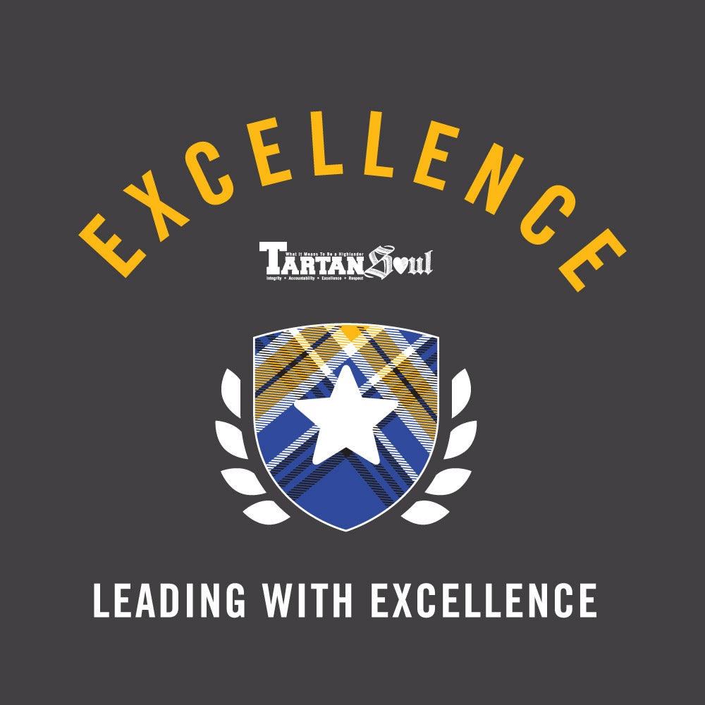 Illustrated graphic of a shield. The word "Excellence" is written above it, and the words "Leading with excellence" is written below.