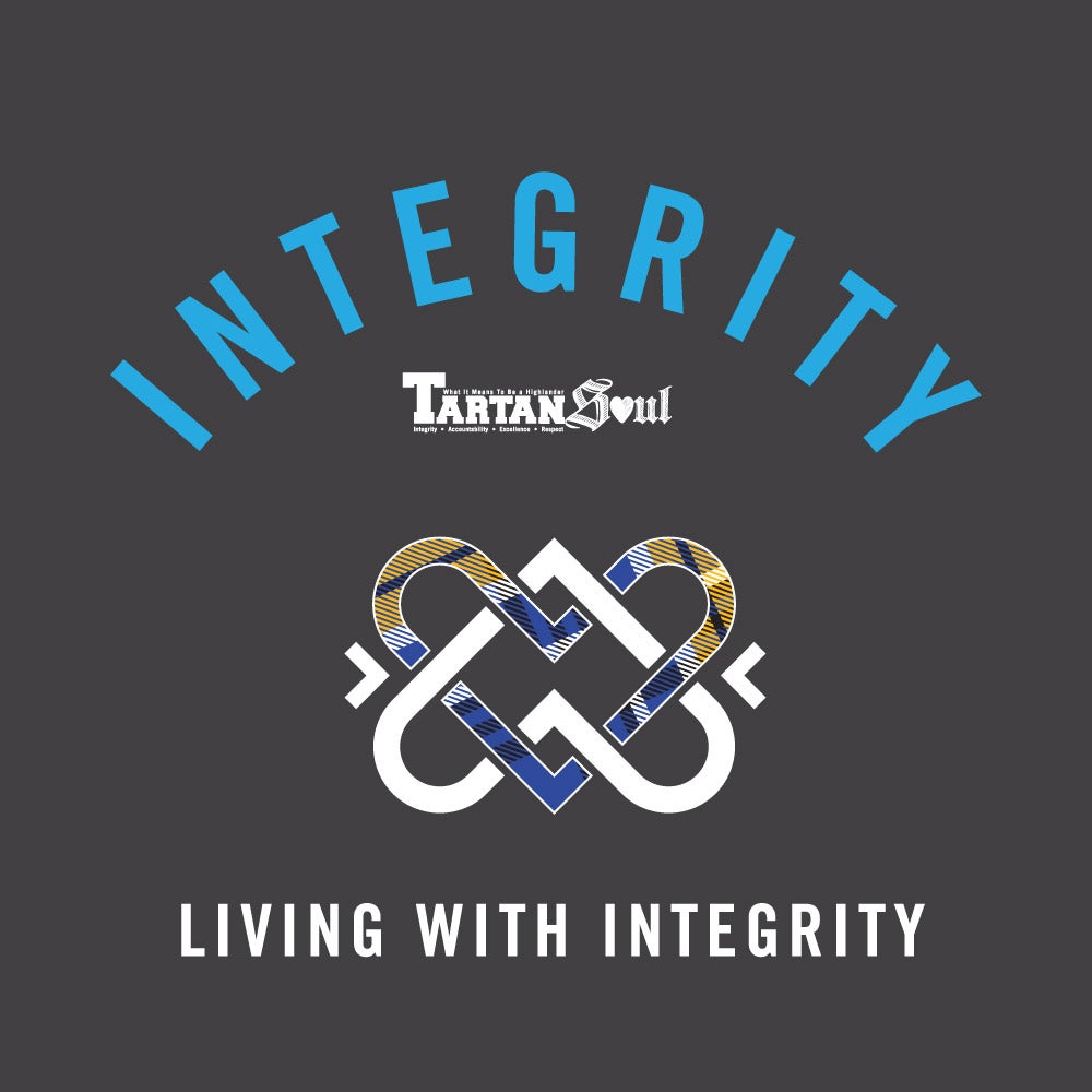 Illustrated graphic of interlocking hearts. The word integrity is written above it and the words "living with integrity" is written below.