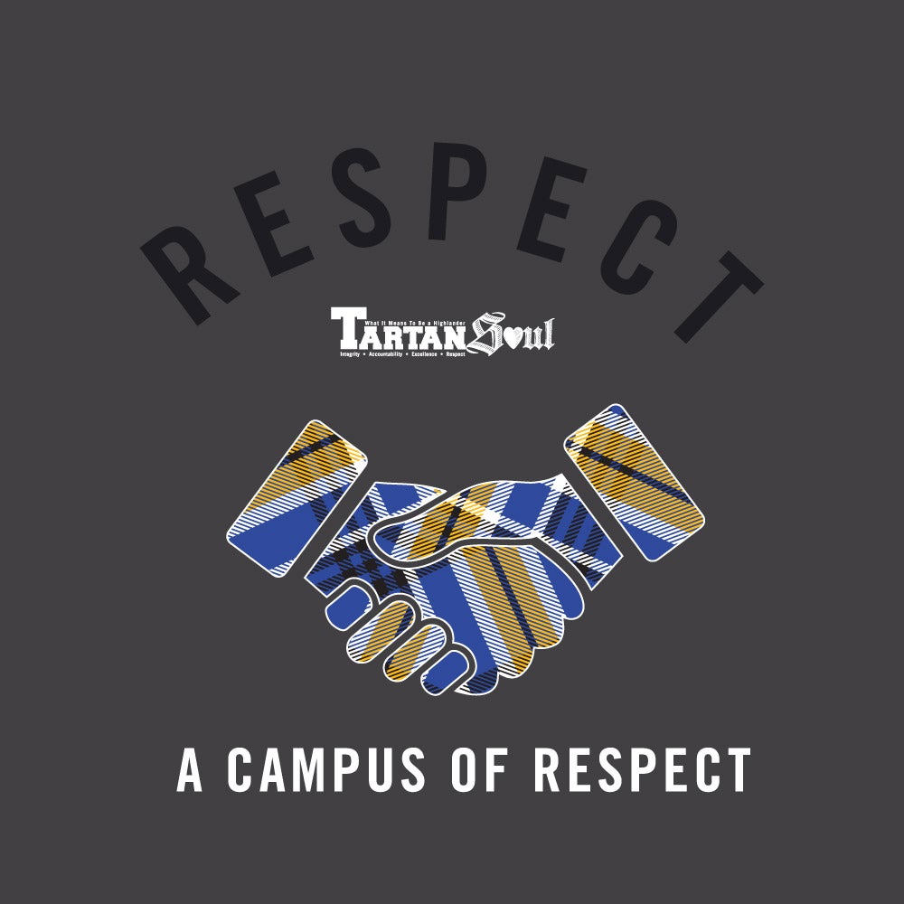 Illustrated graphic showing two hand shaking. The word "Respect" is written above the image and the words "A campus of respect" is written below it.